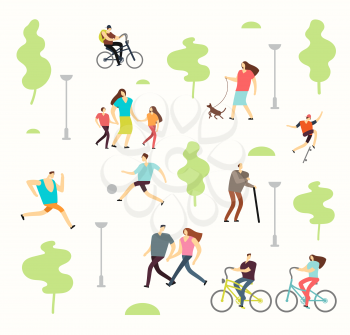 Happy active people in various lifestyles in spring park with trees. Man and woman walking outdoor park wuth green tree, walk family vector illustration