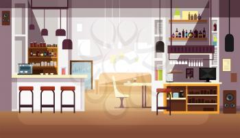 Modern empty bar or coffee shop vector flat interior. Restaurant and coffee shop, cafe indoor room illustration