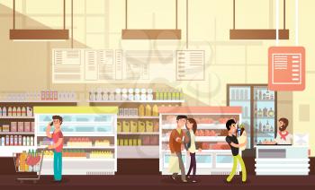 People shopping in grocery store. Supermarket retail interior with customers flat vector illustration. Shop and retail store supermarket, grocery market