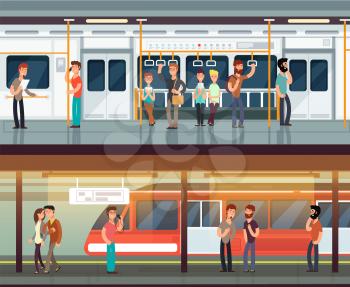 Subway inside with people man and waman. Metro platform and train interior. Urban metro vector concept. Illustration of metro platform, underground station with passenger people