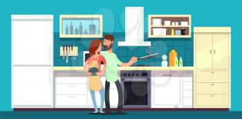 Happy couple cooking in kitchen vector illustration. Man and woman happy on kitchen cooking