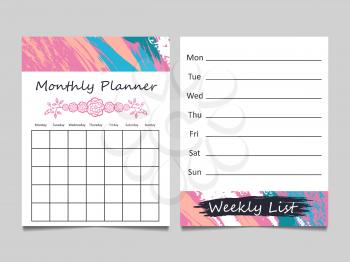 Weekly list and monthly planner template card design. Vector illustration