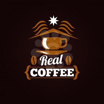 Coffee shop label or banner design isolated on black background. Vector illustration