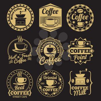 Gold coffee shop labels isolated on black backdrop. Vector illustration