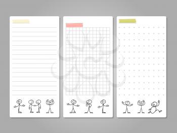 Pages for notes, tags, cards with cute line figures. Paper page notebook, blank notepaper with figure character artwork, vector illustration