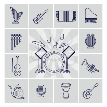 Linear musical instruments vector icons set isolated on gray illustration