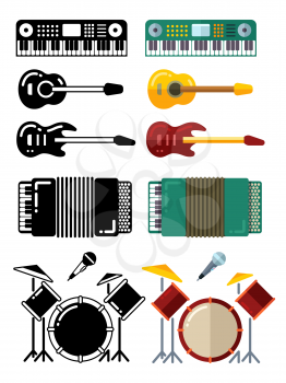 Music instruments, flat silhouettes icons isolated on white background. Vector illustration