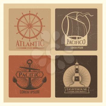 Vintage nautical labels with light house, sea boat and anchors. Old grunge navy banners. Vector illustration
