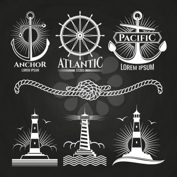Vintage marine nautical logos and emblems with lighthouses anchors rope. Eemblem and badge, vintage logo marine, nautical lighthouse, vector illustration