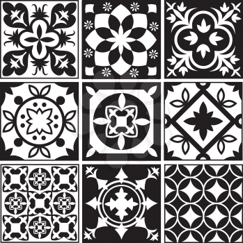 Vintage monochrome repeating tiles. Moroccan mediterranean tiled floor vector patterns. Illustration of tile mosaic arabesque monochrome
