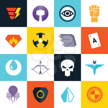 Superhero vector badges with super weapons. Superheroes symbols collection. Superhero badge and symbol icon illustration