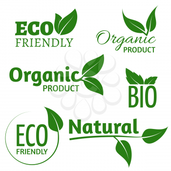 Organic eco vector logos with green leaves. Bio friendly products labels with leaf. Organic natural, bio and eco green label illustration