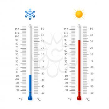 Hot and cold weather temperature symbols. Meteorology thermometers with celsius and fahrenheit scale vector illustration. Thermometer fahrenheit and celsius degree measurement