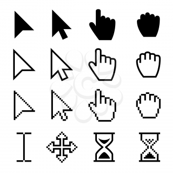 Arrow web cursors, digital hand pointers vector black pictograms. Arrow cursor pixel digital, web pointing and hourglass illustration