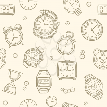 Vintage hand drawn clocks and watches. Time vector seamless pattern. Illustration of clock drawing, time seamless pattern