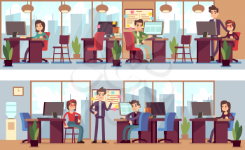 Business employees, coworkers in modern office interior vector illustration. Corporate office for business team, meeting and workplace