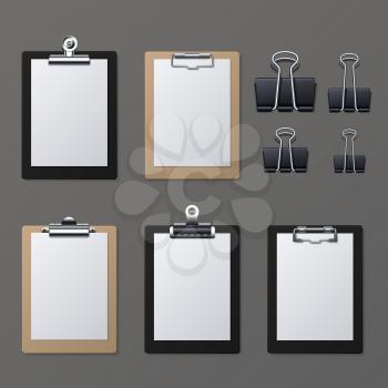 Realistic clipboards with blank white paper sheet. Notepad information board vector illustration. Clipboard and paper sheet page