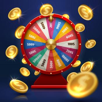 Fortune wheel and gold coins. Lucky chance in game vector background. Illustration of wheel fortune for casino, gambling and success