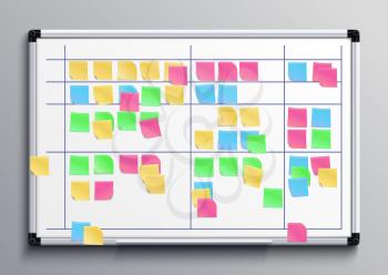 Meeting white board with color stickers. Scrum task board with sticky notes of daily plan vector illustration. Sticker board for planning teamwork
