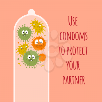 Conceptual poster with a condom and microbes. Accessories to sex. Vector illustration