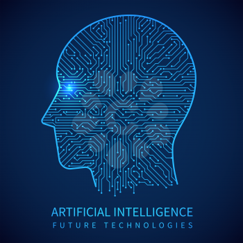 Cyborg head with circuit board inside. Artificial intelligence of digital human vector concept. Digital electronic cyborg brain illustration
