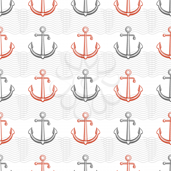 Marine pattern design with anchors and abstract waves. Vector illustration