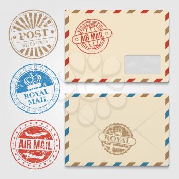 Vintage envelopes template with grunge postal stamps. Envelope with stamp air mail. Vector illustration