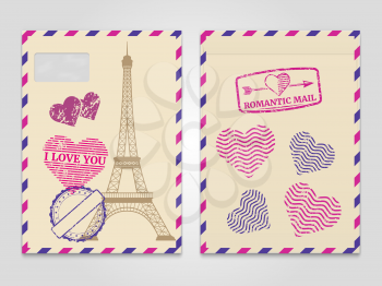 Vintage romantic envelopes with Eiffel tower and love stamps. Travel postcard romantic mail envelope. Vector illustration