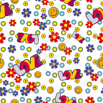 Cute hippie seamless pattern design with flowers smile and love letters. Vector illustration