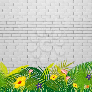 White brick wall background with tropical leaves and flowers. Vector illustration