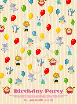 Birthday party poster design - cartoon animals fly with balloons background. Vector illustration
