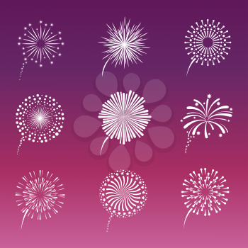 White fireworks collection on pink background. Decoration effect light firework. Vector illustration