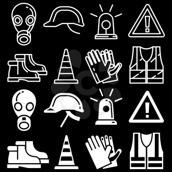 Line and silhouettes personal protective equipment icons set on black background. Vector illustration