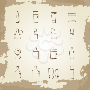 Vintage line icons cosmetics bottles and equipments. Cosmetic elements, vector illustration