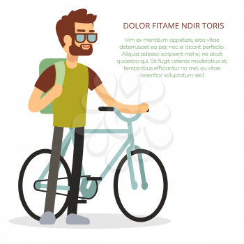Eco travel concept - man with bicycle and backpack. Active travel with bicycle. Vector illustration