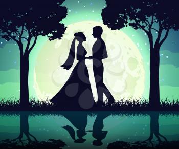 Silhouettes of the bride and groom on the moon background. Romance night man and woman in moonlight, vector illustration