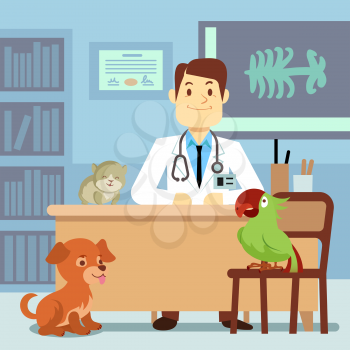 Veterinary office with doctor and pets. Doctor veterinary in clinic with animals. Vector illustration