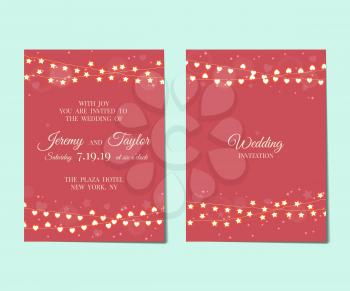Wedding invitation with light garlands. Wedding party invitation with garland. Vector illustration