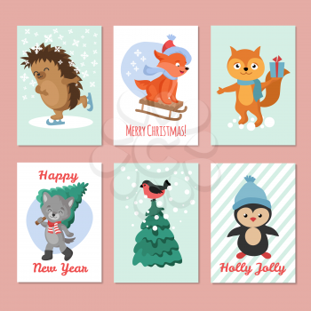 Happy new year vector flyers. Merry christmas postcard with cute winter animals. Xmas card with penguin and hedgehog, wolf and bird illustration