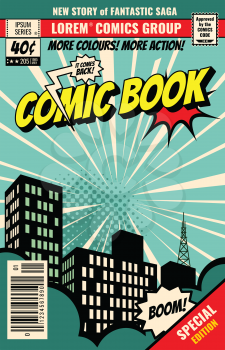 Retro magazine cover. Vintage comic book vector template. Book cover for comic cartoon magazine page illustration