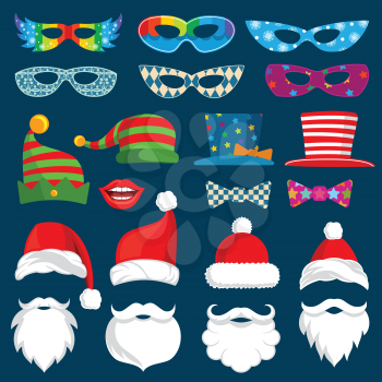 Happy New Year and Christmas holiday paper photobooth props isolated vector set. Christmas beard for photobooth, mask costume illustration