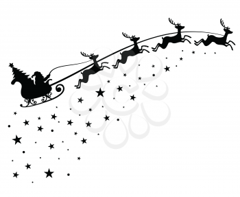 Santa Claus on sleigh flying sky with deers black vector silhouette for winter holiday decoration and Christmas greeting card. Monochrome santa claus with christmas tree in night sky illustration