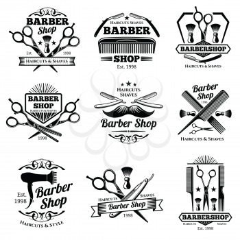 Vintage barbershop vector emblems and labels. Barber badges and logos. Barbershop logo and barber shop vintage label and badge illustration