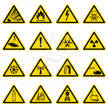Warning and hazard symbols on yellow triangles vector collection. Safety and caution, risk alert information illustration