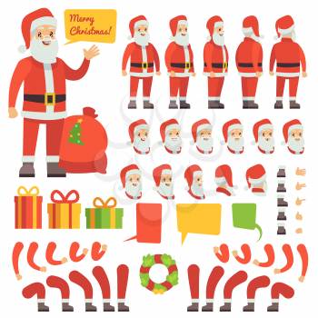 Funny santa claus cartoon character with christmas gifts. Vector creation constructor christmas santa claus character illustration