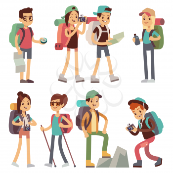 Tourists people characters for hiking and trekking, holiday travel vector concept. Tourist character man and woman, hiker and tourism illustration