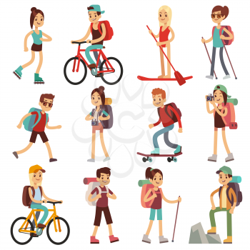 Travel happy people hiking outdoor actives. Vector flat characters set. Hiking and travel, character activity adventure illustration