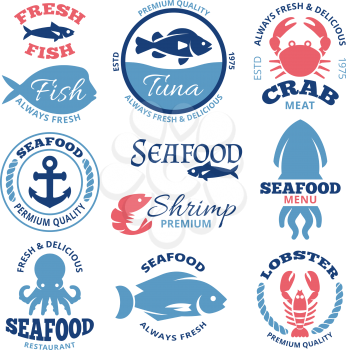 Seafood nautical vector vintage labels and restaurant emblems. Seafood emblem for restaurant, market fresh fish badge illustration
