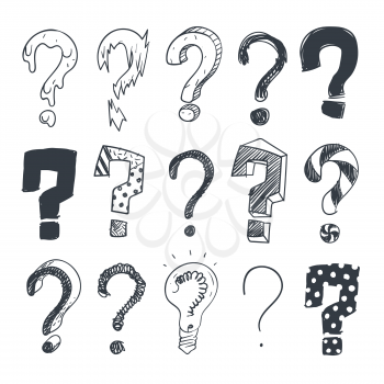 Doodle question marks. Hand drawn interrogation query symbols vector set. Mark sketch question collection illustration