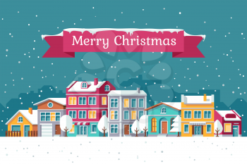 Christmas holiday vector greeting card with winter cityscape in snow. Christmas town building, cityscape winter illustration